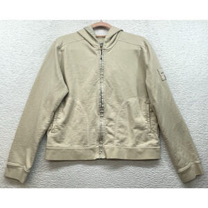 Eddie Bauer Hoodie Womens Large Tan Sweatshirt Full Zip Outdoor Hiking Patch